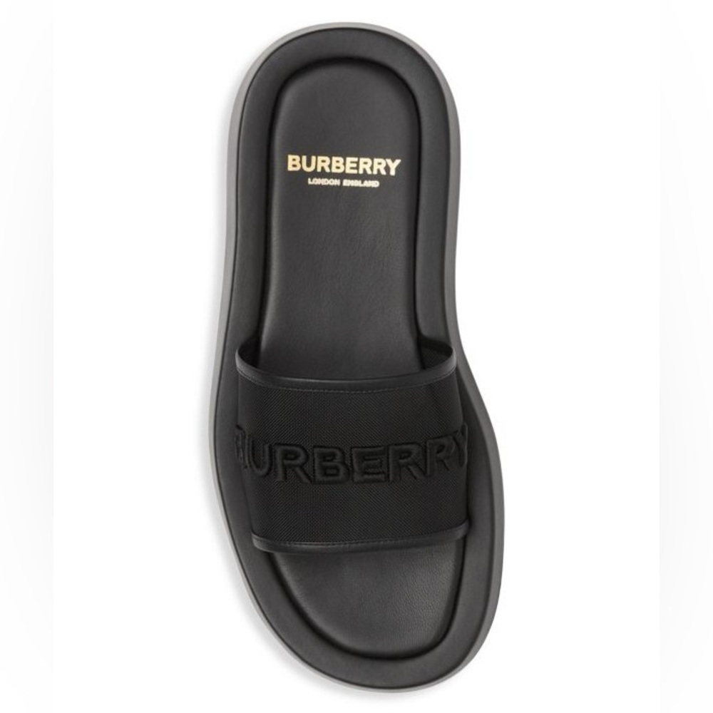 Burberry Black Slide Sandals with Gold Insole Logo